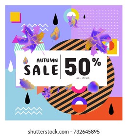 Autumn sale memphis style web banner. Fashion and travel discount poster. Vector holiday Abstract colorful illustration with special offer and promotion.
