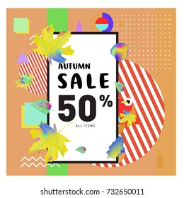Autumn sale memphis style web banner. Fashion and travel discount poster. Vector holiday Abstract colorful illustration with special offer and promotion.