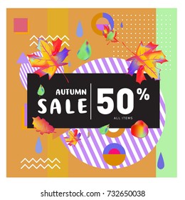 Autumn sale memphis style web banner. Fashion and travel discount poster. Vector holiday Abstract colorful illustration with special offer and promotion.
