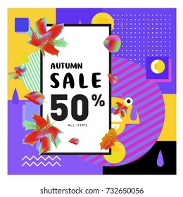 Autumn sale memphis style web banner. Fashion and travel discount poster. Vector holiday Abstract colorful illustration with special offer and promotion.