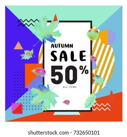 Autumn sale memphis style web banner. Fashion and travel discount poster. Vector holiday Abstract colorful illustration with special offer and promotion.