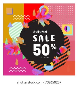 Autumn sale memphis style web banner. Fashion and travel discount poster. Vector holiday Abstract colorful illustration with special offer and promotion.