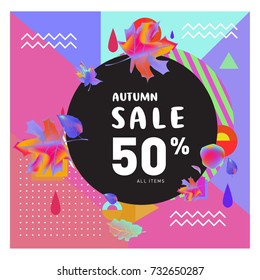 Autumn sale memphis style web banner. Fashion and travel discount poster. Vector holiday Abstract colorful illustration with special offer and promotion.
