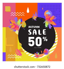 Autumn sale memphis style web banner. Fashion and travel discount poster. Vector holiday Abstract colorful illustration with special offer and promotion.