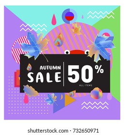 Autumn sale memphis style web banner. Fashion and travel discount poster. Vector holiday Abstract colorful illustration with special offer and promotion.