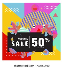 Autumn sale memphis style web banner. Fashion and travel discount poster. Vector holiday Abstract colorful illustration with special offer and promotion.