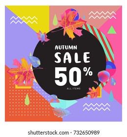 Autumn sale memphis style web banner. Fashion and travel discount poster. Vector holiday Abstract colorful illustration with special offer and promotion.