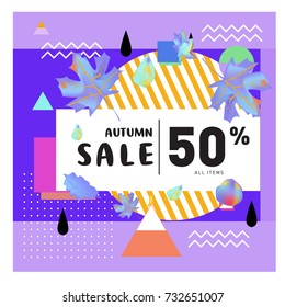 Autumn sale memphis style web banner. Fashion and travel discount poster. Vector holiday Abstract colorful illustration with special offer and promotion.