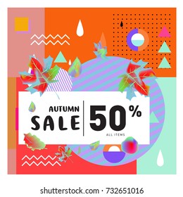 Autumn sale memphis style web banner. Fashion and travel discount poster. Vector holiday Abstract colorful illustration with special offer and promotion.