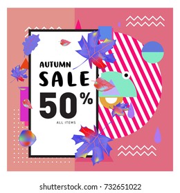 Autumn sale memphis style web banner. Fashion and travel discount poster. Vector holiday Abstract colorful illustration with special offer and promotion.