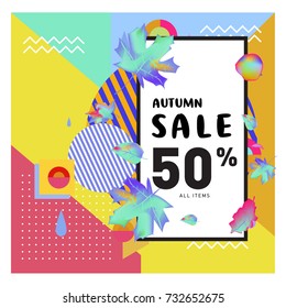 Autumn sale memphis style web banner. Fashion and travel discount poster. Vector holiday Abstract colorful illustration with special offer and promotion.
