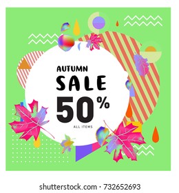 Autumn sale memphis style web banner. Fashion and travel discount poster. Vector holiday Abstract colorful illustration with special offer and promotion.