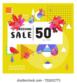 Autumn sale memphis style web banner. Fashion and travel discount poster. Vector holiday Abstract colorful illustration with special offer and promotion.