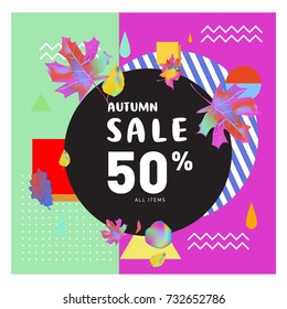 Autumn sale memphis style web banner. Fashion and travel discount poster. Vector holiday Abstract colorful illustration with special offer and promotion.