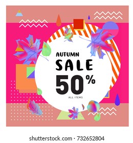 Autumn sale memphis style web banner. Fashion and travel discount poster. Vector holiday Abstract colorful illustration with special offer and promotion.