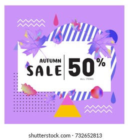 Autumn sale memphis style web banner. Fashion and travel discount poster. Vector holiday Abstract colorful illustration with special offer and promotion.