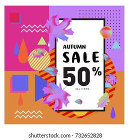 Autumn sale memphis style web banner. Fashion and travel discount poster. Vector holiday Abstract colorful illustration with special offer and promotion.