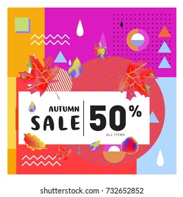 Autumn sale memphis style web banner. Fashion and travel discount poster. Vector holiday Abstract colorful illustration with special offer and promotion.
