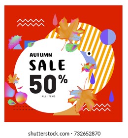 Autumn sale memphis style web banner. Fashion and travel discount poster. Vector holiday Abstract colorful illustration with special offer and promotion.
