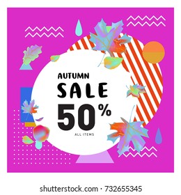 Autumn sale memphis style web banner. Fashion and travel discount poster. Vector holiday Abstract colorful illustration with special offer and promotion.