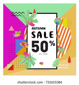 Autumn sale memphis style web banner. Fashion and travel discount poster. Vector holiday Abstract colorful illustration with special offer and promotion.