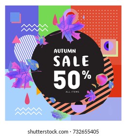 Autumn sale memphis style web banner. Fashion and travel discount poster. Vector holiday Abstract colorful illustration with special offer and promotion.