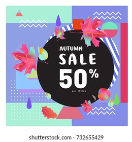 Autumn sale memphis style web banner. Fashion and travel discount poster. Vector holiday Abstract colorful illustration with special offer and promotion.