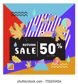 Autumn sale memphis style web banner. Fashion and travel discount poster. Vector holiday Abstract colorful illustration with special offer and promotion.