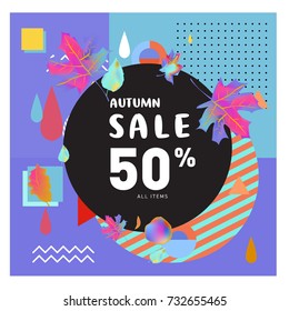 Autumn sale memphis style web banner. Fashion and travel discount poster. Vector holiday Abstract colorful illustration with special offer and promotion.