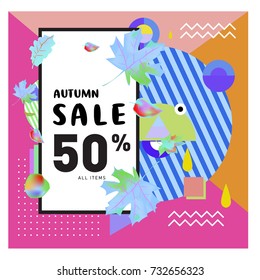Autumn sale memphis style web banner. Fashion and travel discount poster. Vector holiday Abstract colorful illustration with special offer and promotion.