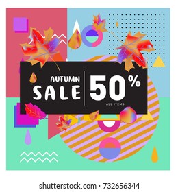 Autumn sale memphis style web banner. Fashion and travel discount poster. Vector holiday Abstract colorful illustration with special offer and promotion.