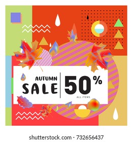 Autumn sale memphis style web banner. Fashion and travel discount poster. Vector holiday Abstract colorful illustration with special offer and promotion.
