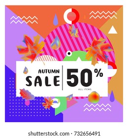 Autumn sale memphis style web banner. Fashion and travel discount poster. Vector holiday Abstract colorful illustration with special offer and promotion.