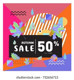 Autumn sale memphis style web banner. Fashion and travel discount poster. Vector holiday Abstract colorful illustration with special offer and promotion.