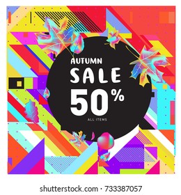 Autumn sale memphis style web banner. Fashion and travel discount poster. Vector holiday Abstract colorful illustration with special offer and promotion.