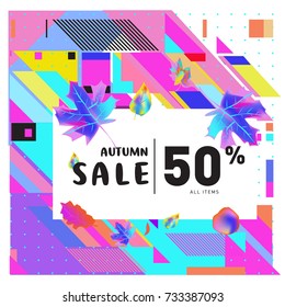 Autumn sale memphis style web banner. Fashion and travel discount poster. Vector holiday Abstract colorful illustration with special offer and promotion.