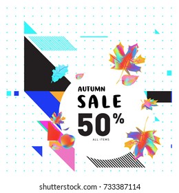 Autumn sale memphis style web banner. Fashion and travel discount poster. Vector holiday Abstract colorful illustration with special offer and promotion.