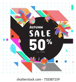 Autumn sale memphis style web banner. Fashion and travel discount poster. Vector holiday Abstract colorful illustration with special offer and promotion.