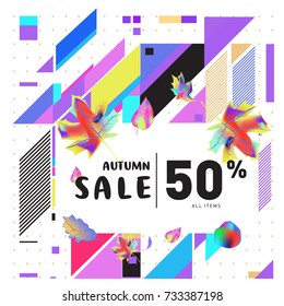 Autumn sale memphis style web banner. Fashion and travel discount poster. Vector holiday Abstract colorful illustration with special offer and promotion.