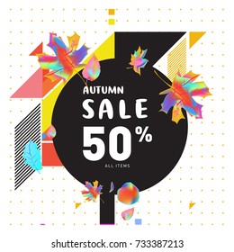 Autumn sale memphis style web banner. Fashion and travel discount poster. Vector holiday Abstract colorful illustration with special offer and promotion.