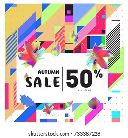 Autumn sale memphis style web banner. Fashion and travel discount poster. Vector holiday Abstract colorful illustration with special offer and promotion.