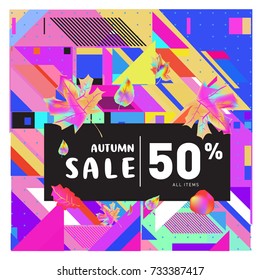 Autumn sale memphis style web banner. Fashion and travel discount poster. Vector holiday Abstract colorful illustration with special offer and promotion.