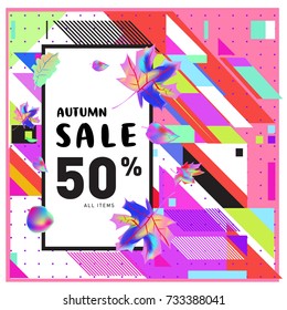 Autumn sale memphis style web banner. Fashion and travel discount poster. Vector holiday Abstract colorful illustration with special offer and promotion.