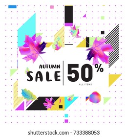 Autumn sale memphis style web banner. Fashion and travel discount poster. Vector holiday Abstract colorful illustration with special offer and promotion.