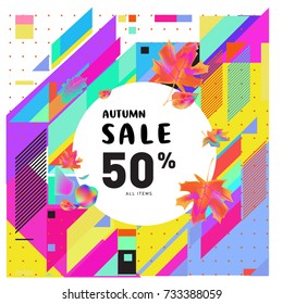 Autumn sale memphis style web banner. Fashion and travel discount poster. Vector holiday Abstract colorful illustration with special offer and promotion.