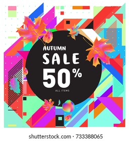 Autumn sale memphis style web banner. Fashion and travel discount poster. Vector holiday Abstract colorful illustration with special offer and promotion.