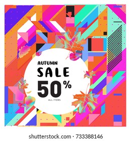 Autumn sale memphis style web banner. Fashion and travel discount poster. Vector holiday Abstract colorful illustration with special offer and promotion.