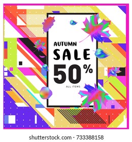 Autumn sale memphis style web banner. Fashion and travel discount poster. Vector holiday Abstract colorful illustration with special offer and promotion.