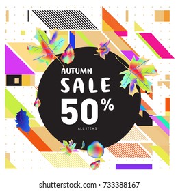 Autumn sale memphis style web banner. Fashion and travel discount poster. Vector holiday Abstract colorful illustration with special offer and promotion.