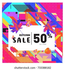 Autumn sale memphis style web banner. Fashion and travel discount poster. Vector holiday Abstract colorful illustration with special offer and promotion.